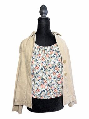 bishop + young Cream Floral Tie-Hem Blouse with Navy & Olive Accents